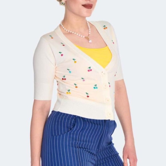 Voodoo Vixen Sweaters - Voodoo Vixen Cream Multicolor Cherries Catorina Cardigan